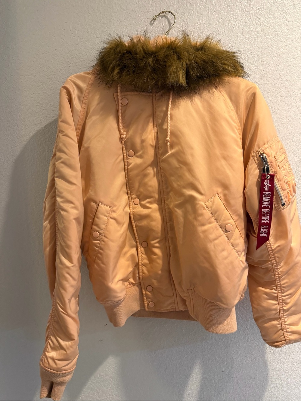 Alpha Industries Peach Bomber Jacket with Faux-Fur Hood - Picture 3 of 7